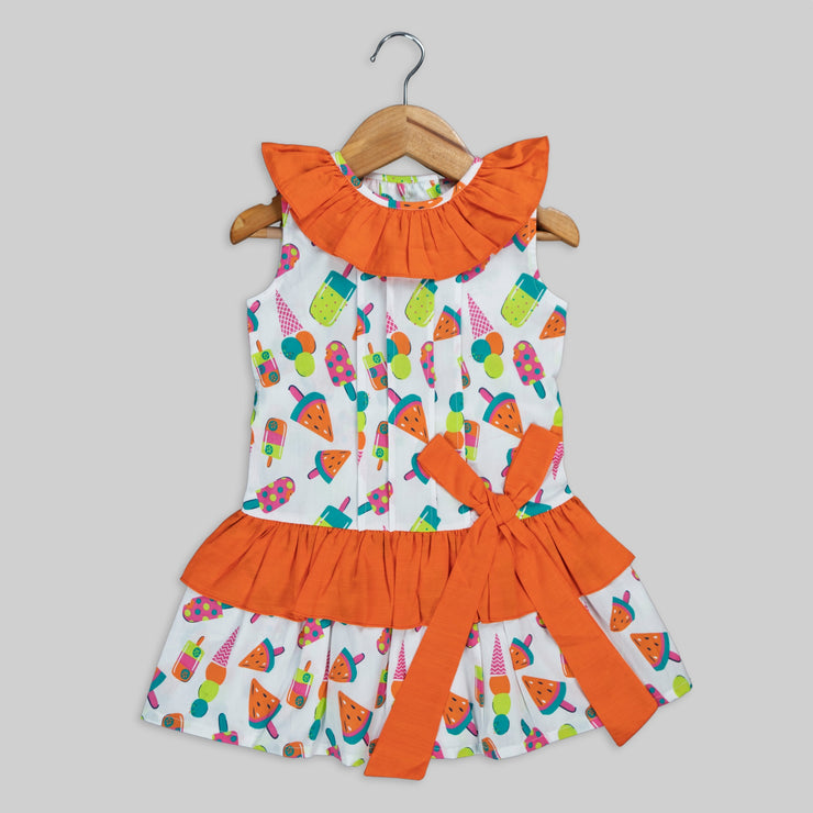 White Cotton Printed Frock For Girls