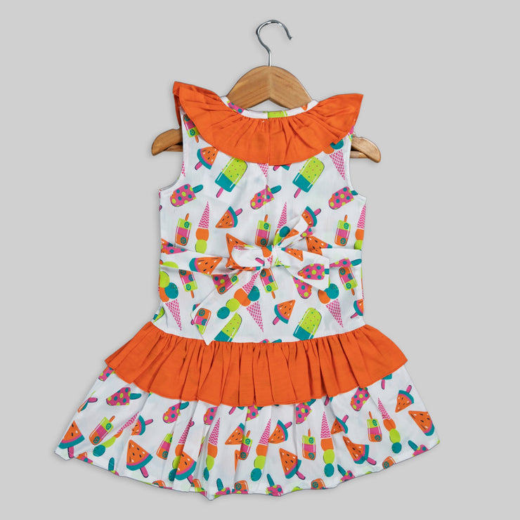 White Cotton Printed Frock For Girls