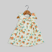 Cream Floral Printed Corduroy Frock For Girls