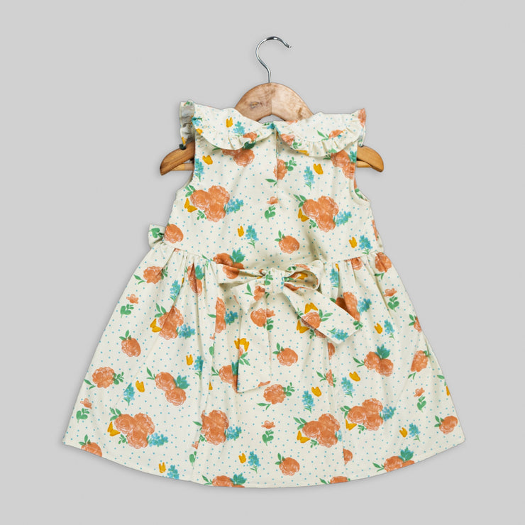 Cream Floral Printed Corduroy Frock For Girls