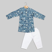 Blue Cotton Floral Printed Kurta Pyjama For Boys