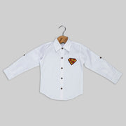 White Cotton Shirt For Boys With Superhero Motif