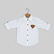 White Cotton Shirt For Boys With Superhero Motif