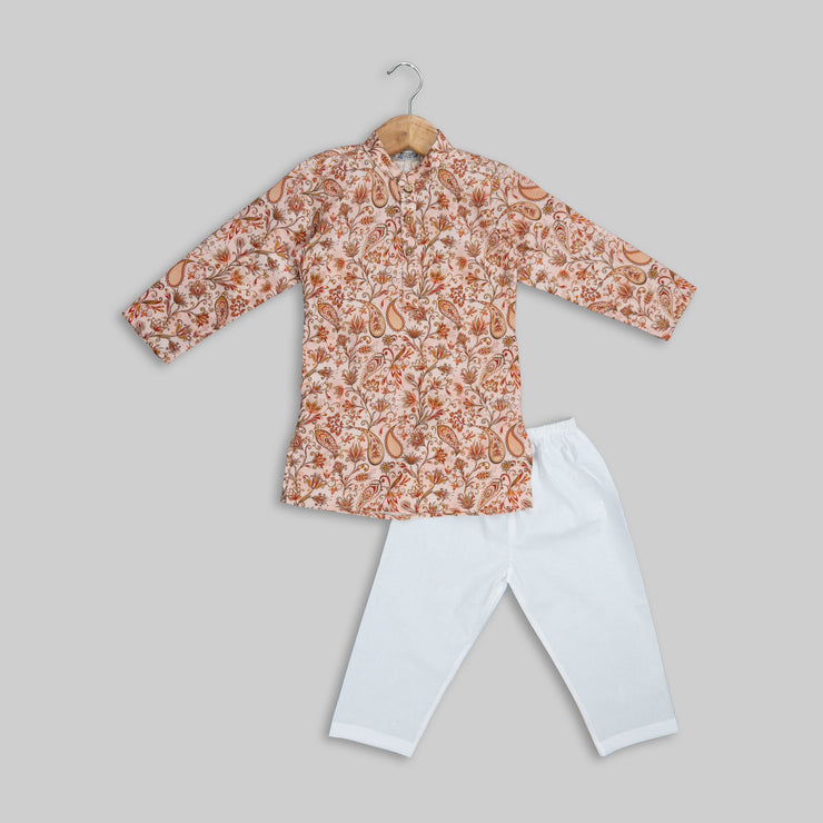 Peach Cotton Printed Kurta Pyjama for Boys