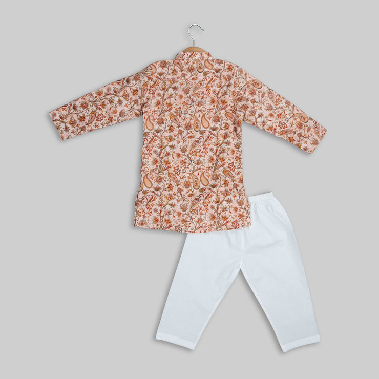 Peach Cotton Printed Kurta Pyjama for Boys