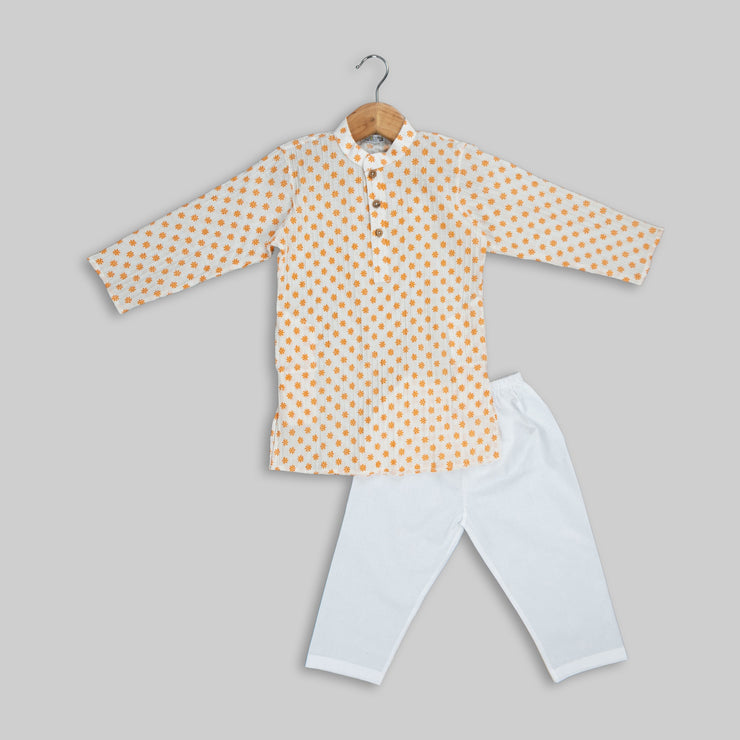 White Cotton Flower Printed Kurta Pyjama for Boys