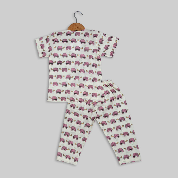 White Cotton Tortoise Print Sleepwear For Kids