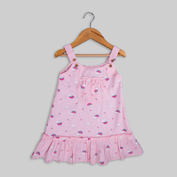 Pink Cotton Rainbow Print Frock For Girls