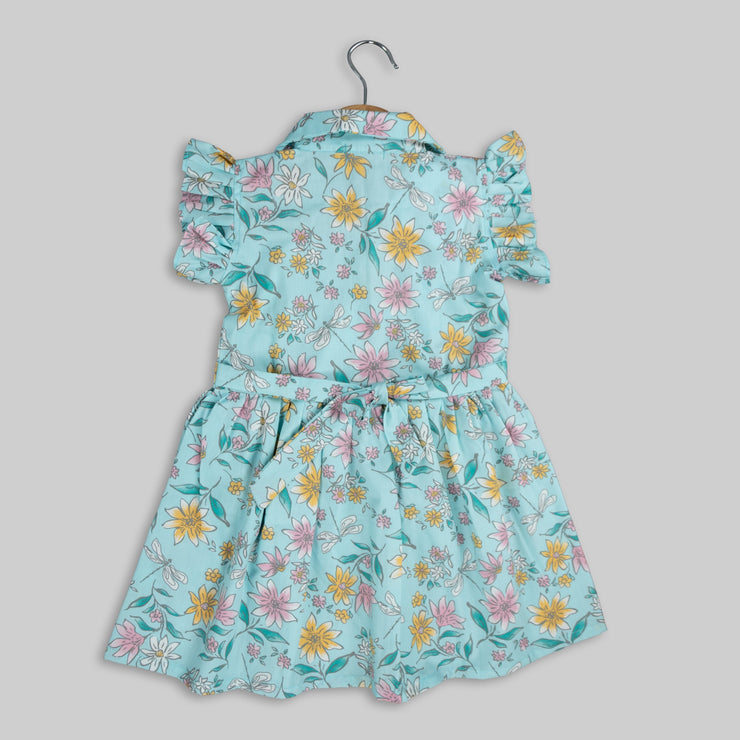 Blue Cotton Floral Print Frock For Girls