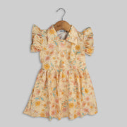 Yellow Cotton Floral Print Frock For Girls