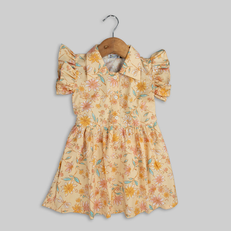 Yellow Cotton Floral Print Frock For Girls