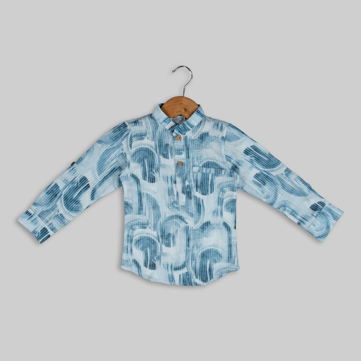 Blue Cotton Abstract Printed Kurta Shirt For Boys