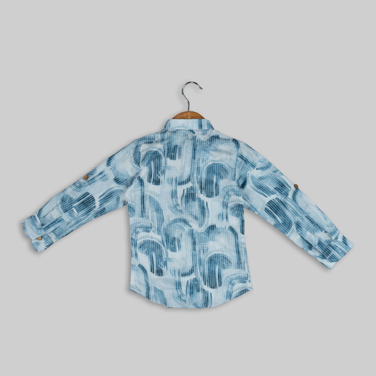 Blue Cotton Abstract Printed Kurta Shirt For Boys