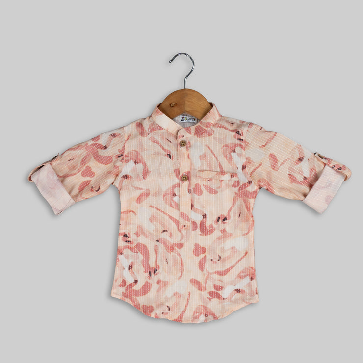 Peach Cotton Printed Kurta Shirt For Boys