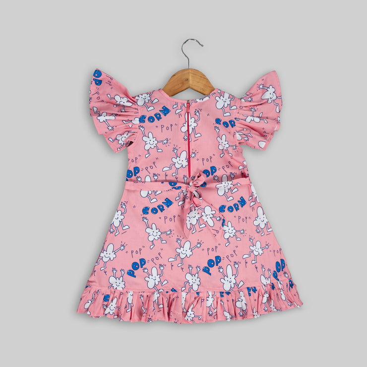 Pink Cotton Popcorn Printed Frock For Girls