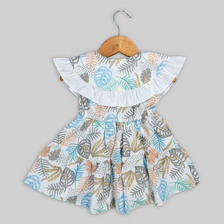 White Cotton Printed Frock For Girls