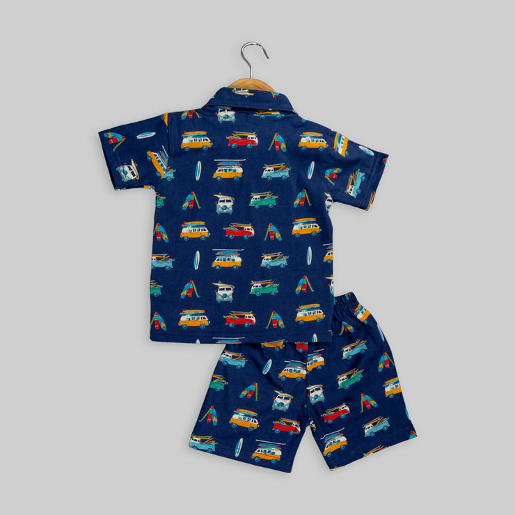 Blue Hosiery Transport Print Co-ord Set For Boys