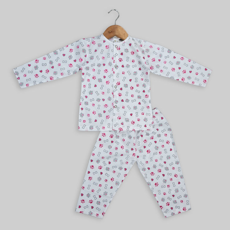 White Cotton Paw Print Sleepwear For Girls