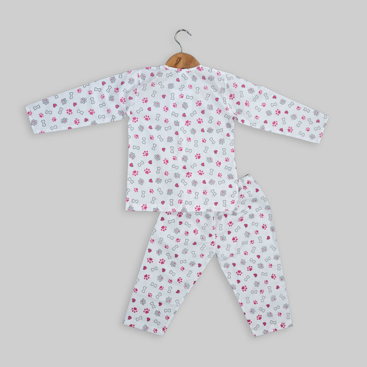 White Cotton Paw Print Sleepwear For Girls