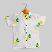 White Cotton Half Shirt With Pineapple Embroidery For Girls