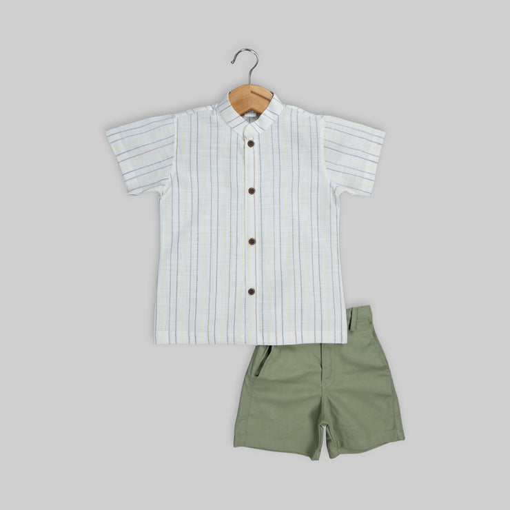 White Classic Striped Shirt and Olive Green Shorts Set For Boys