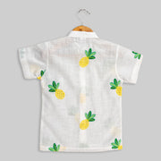 White Cotton Half Shirt With Pineapple Embroidery For Girls