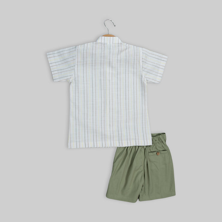 White Classic Striped Shirt and Olive Green Shorts Set For Boys