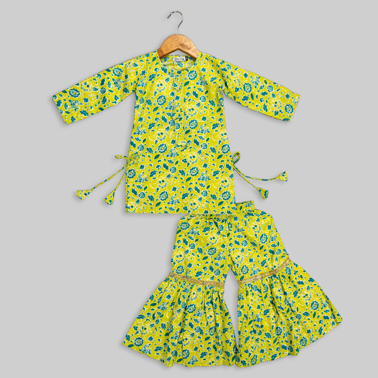 Green Cotton Kurti and Sharara Set For Girls