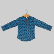 Blue Cotton Printed Kurta Shirt For Boys