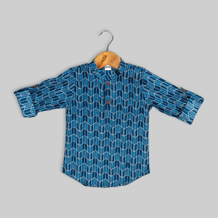 Blue Cotton Printed Kurta Shirt For Boys