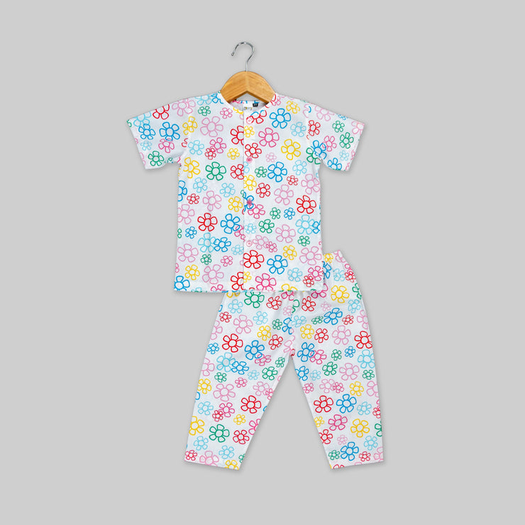 White Cotton Floral Printed Sleepwear For Girls