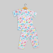 White Cotton Floral Printed Sleepwear For Girls