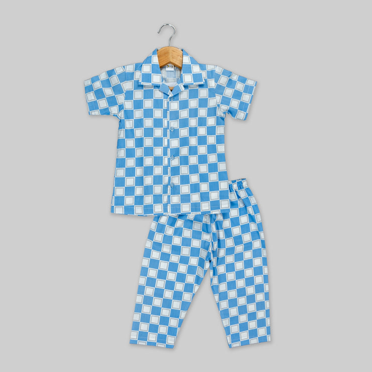 Blue Cotton Checks Printed Sleepwear For Boys