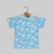 Blue Cotton Helicopter Printed Half Shirt For Boys