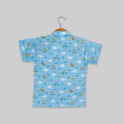 Blue Cotton Helicopter Printed Half Shirt For Boys