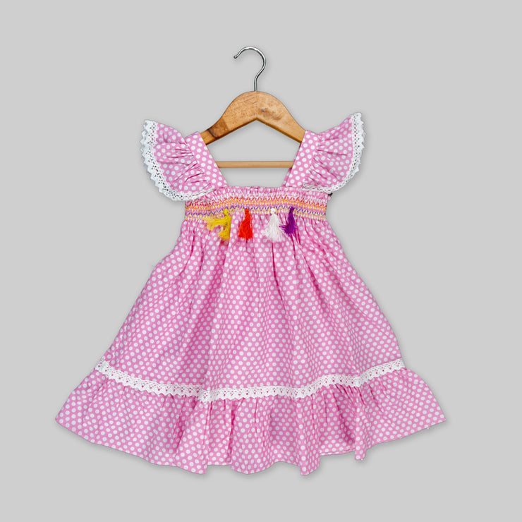 Pink Cotton Polka Print Frock For Girls