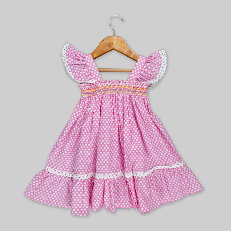 Pink Cotton Polka Print Frock For Girls