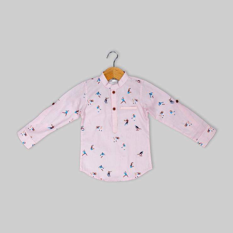 Pink Cotton Printed Kurta Shirt For Boys