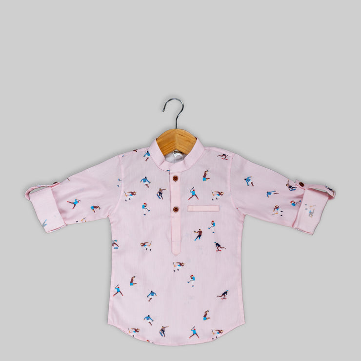 Pink Cotton Printed Kurta Shirt For Boys