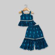 Blue Cotton Ikat Top And Sharara Set For Girls