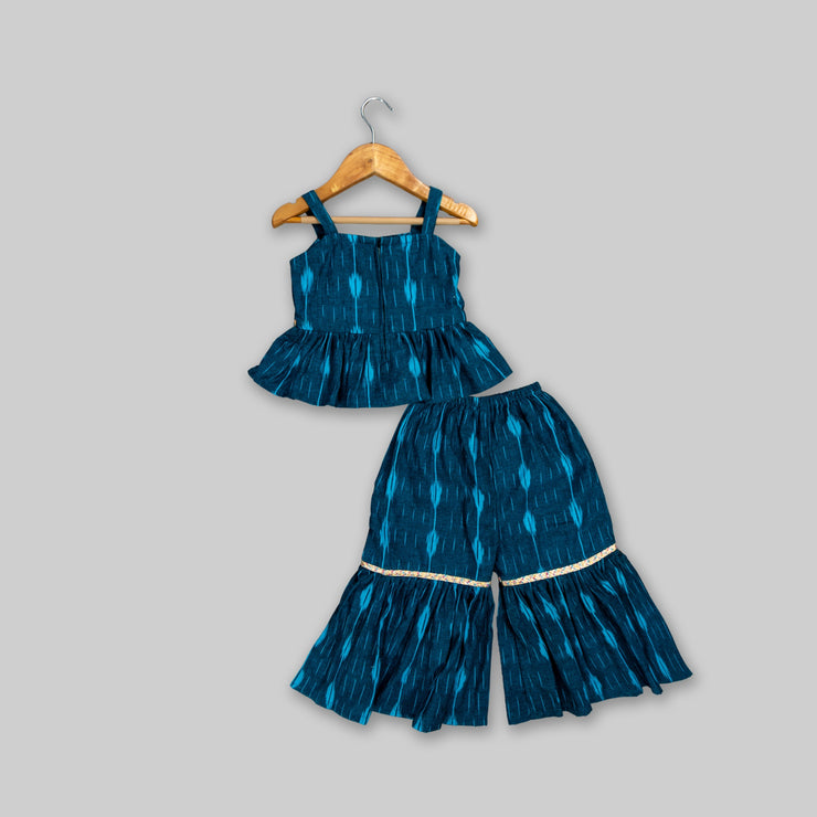 Blue Cotton Ikat Top And Sharara Set For Girls