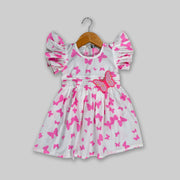 White Cotton Butterfly Printed Dress For Girls