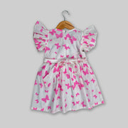 White Cotton Butterfly Printed Dress For Girls