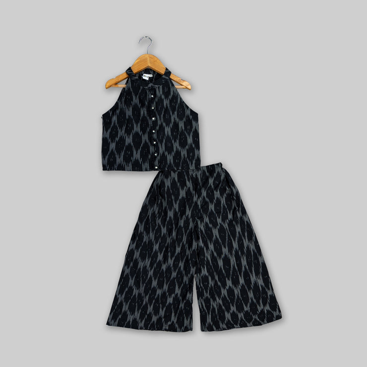 Pre-order: Black Cotton Ikat Top And Bottom For Girls