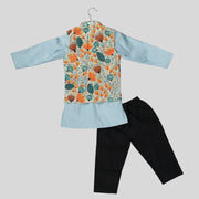 White Printed Jacket with Blue Cotton Kurta Pyjama Set for Boys